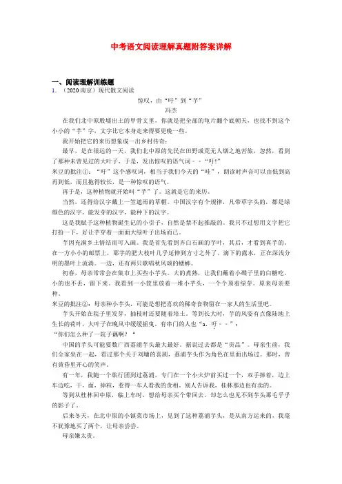 (精选)中考现代文阅读真题有答案共20篇汇总