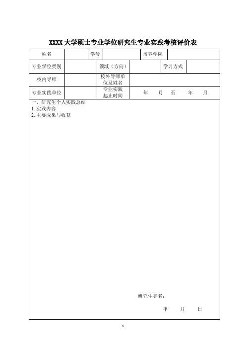 XX大学硕士专业学位研究生专业实践考核评价表