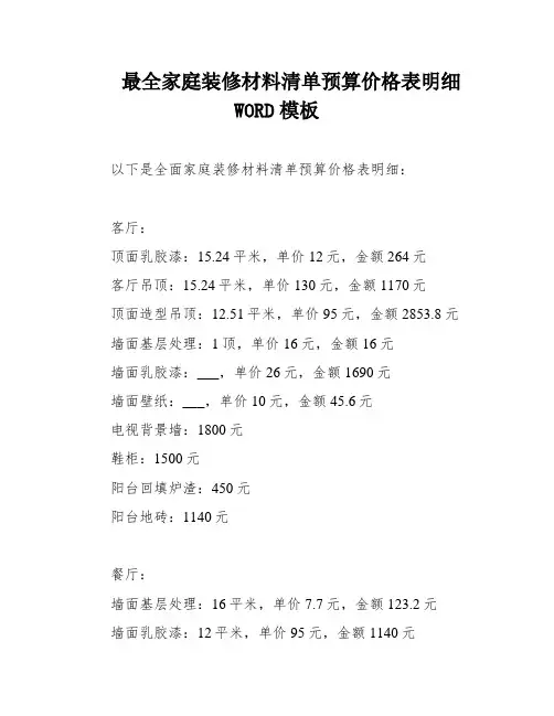 最全家庭装修材料清单预算价格表明细WORD模板