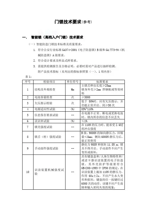 门锁技术要求
