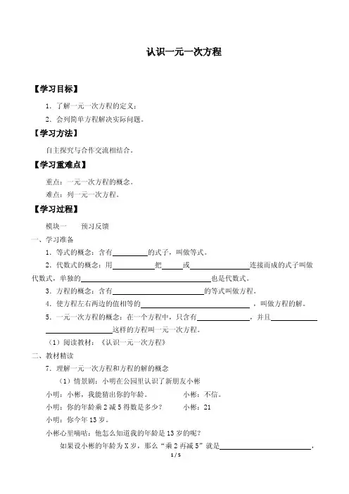认识一元一次方程导学案 