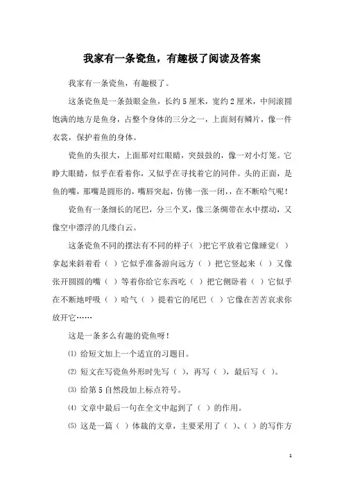 我家有一条瓷鱼,有趣极了阅读及答案