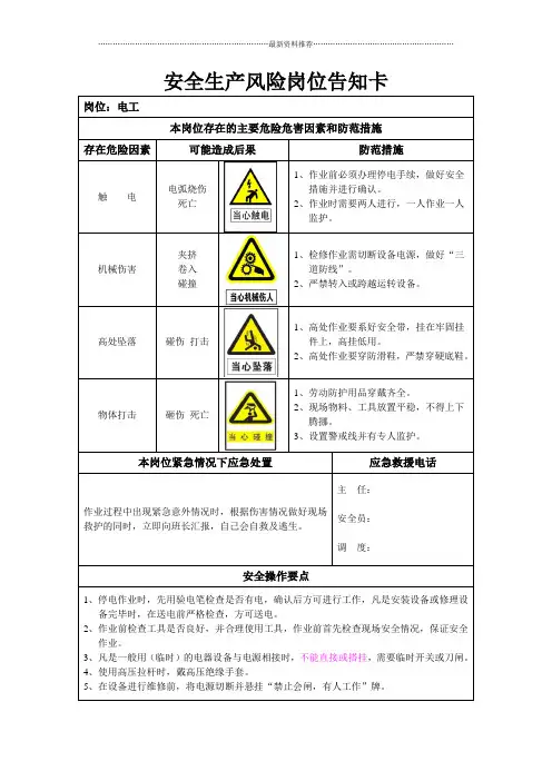 安全生产风险岗位告知卡精编版