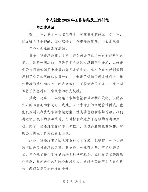 个人创业2024年工作总结及工作计划