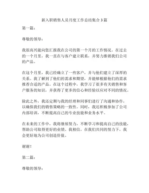 新入职销售人员月度工作总结集合3篇