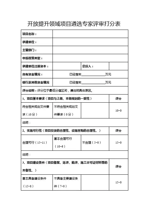 开放提升领域项目遴选专家评审打分表