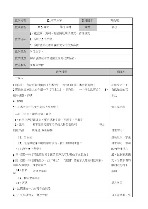 语文苏教版二年级下册木兰从军(第1课时)