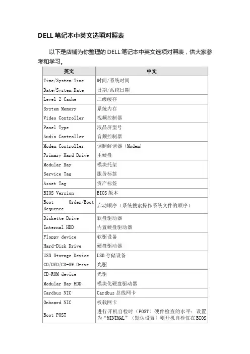 DELL笔记本中英文选项对照表
