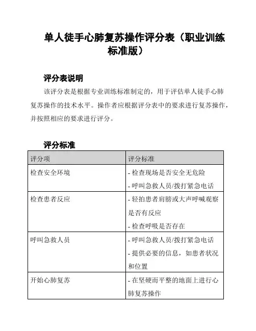 单人徒手心肺复苏操作评分表(职业训练标准版)