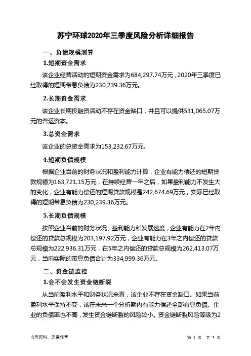 苏宁环球2020年三季度财务风险分析详细报告