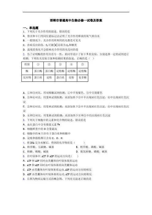 邯郸市普通高中生物必修一试卷及答案