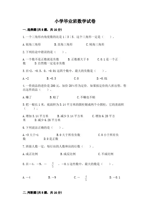 小学毕业班数学试卷含答案(综合卷)