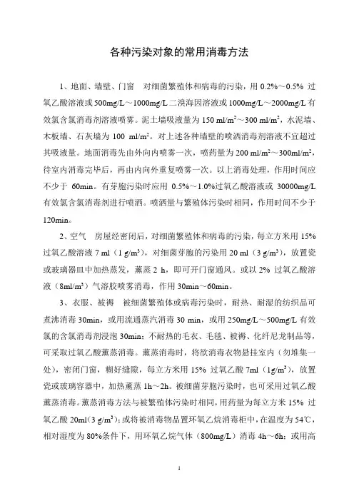 各种污染对象常用消毒方法