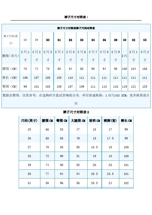 裤子尺码对照表