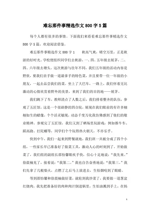 难忘那件事精选作文800字5篇