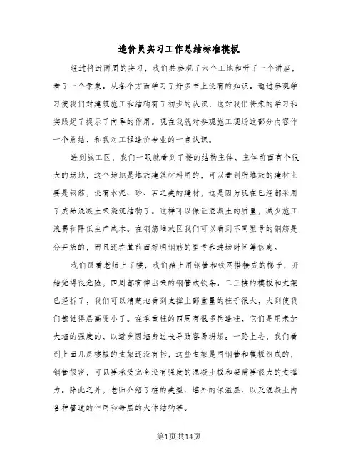 造价员实习工作总结标准模板（5篇）