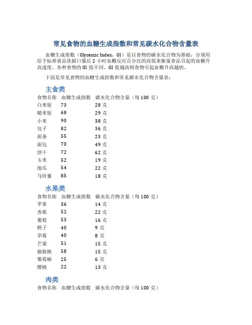 常见食物的血糖生成指数和常见碳水化合物含量表