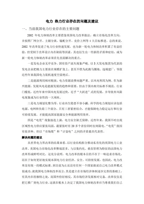 电力 热力行业存在的问题及建议