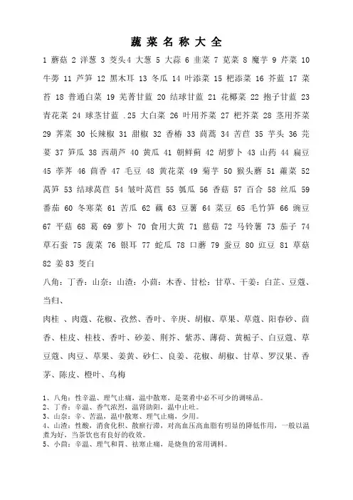 蔬 菜 名 称 大 全