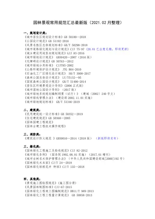 园林景观常用规范汇总最新版(2021.02月整理)