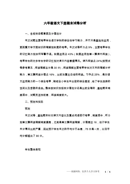 六年级语文下册期末试卷分析
