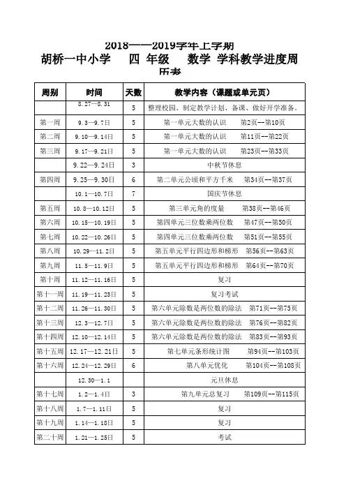 四年级数学教学周历表