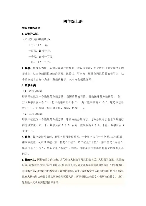 四年级小学数学重点知识