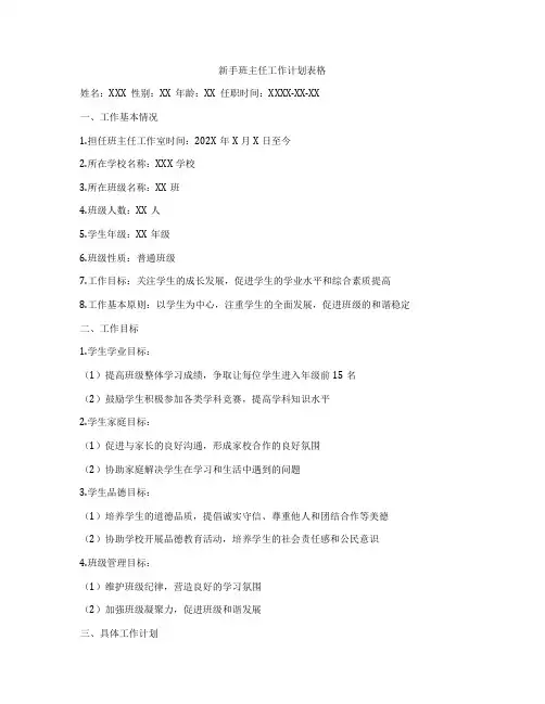 新手班主任工作计划表格