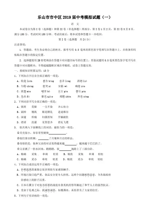 四川省乐山市市中区2019届九年级下学期适应性考试语文试题