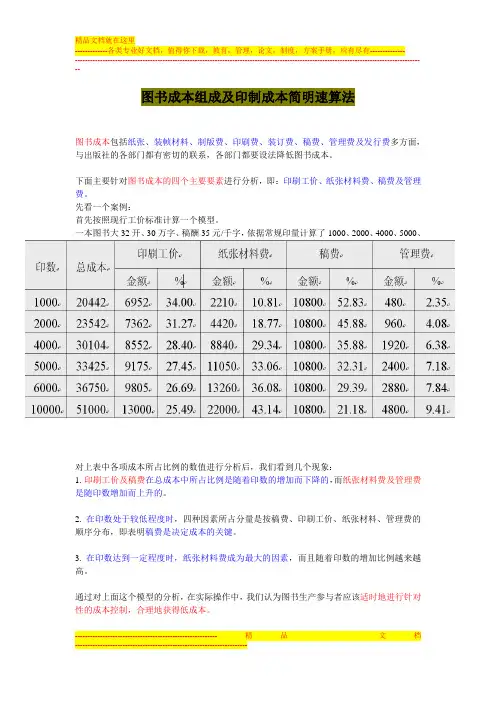 图书成本组成及印制成本简明速算法 整理版