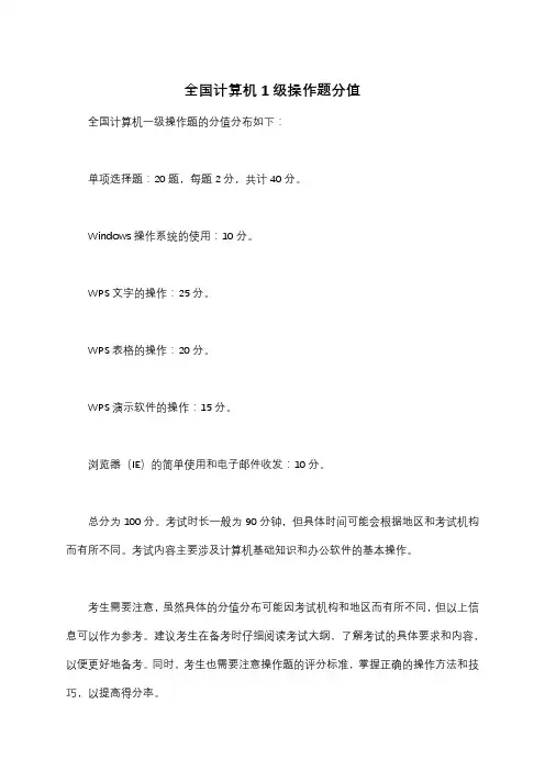 全国计算机1级操作题分值