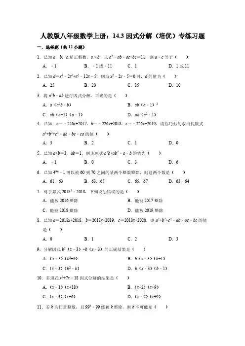  人教版八年级数学上册14.3因式分解 (培优) 专练(含答案解析)