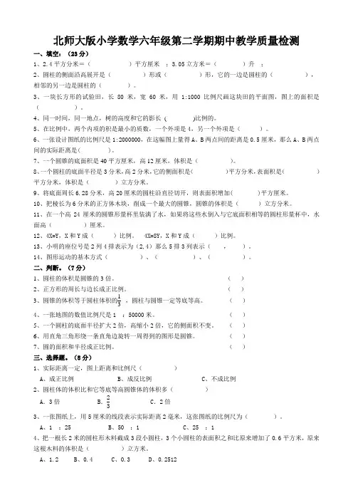 北师大版小学数学六年级下册期中试卷共十套