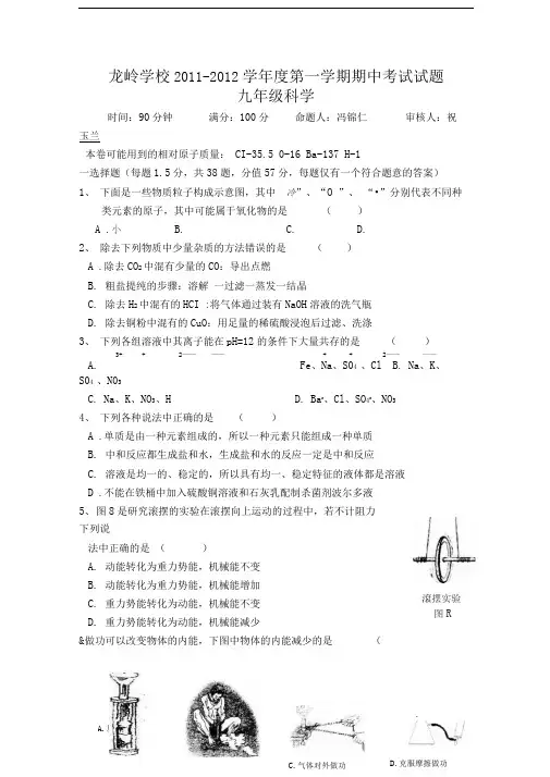 华师大版九年级科学上册期中测试