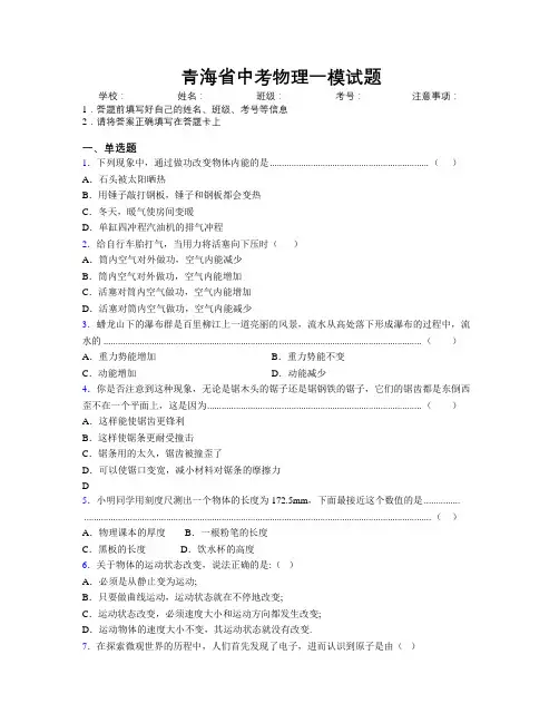 青海省中考物理一模试题附解析