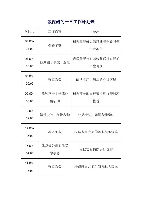 做保姆的一日工作计划表