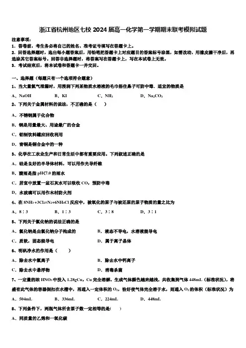 浙江省杭州地区七校2024届高一化学第一学期期末联考模拟试题含解析