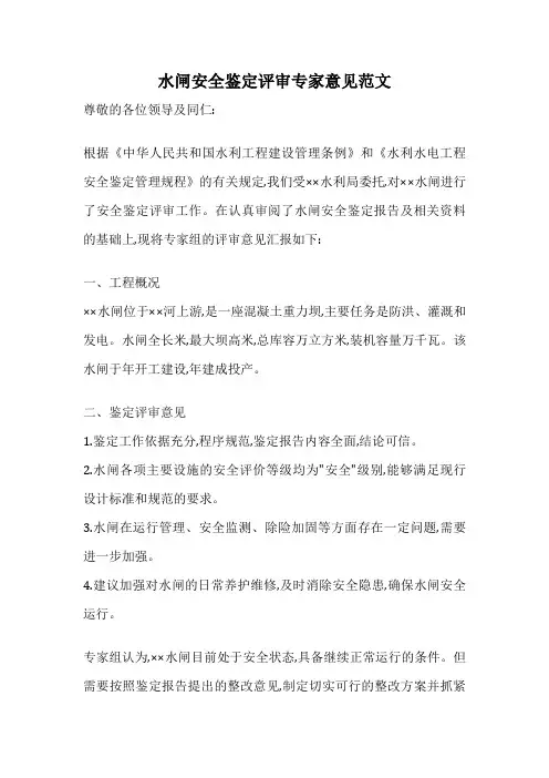 水闸安全鉴定评审专家意见范文