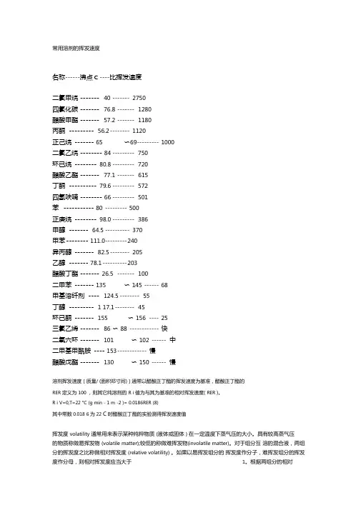 常用溶剂的挥发速度
