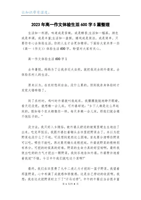 2023年高一作文体验生活600字5篇整理