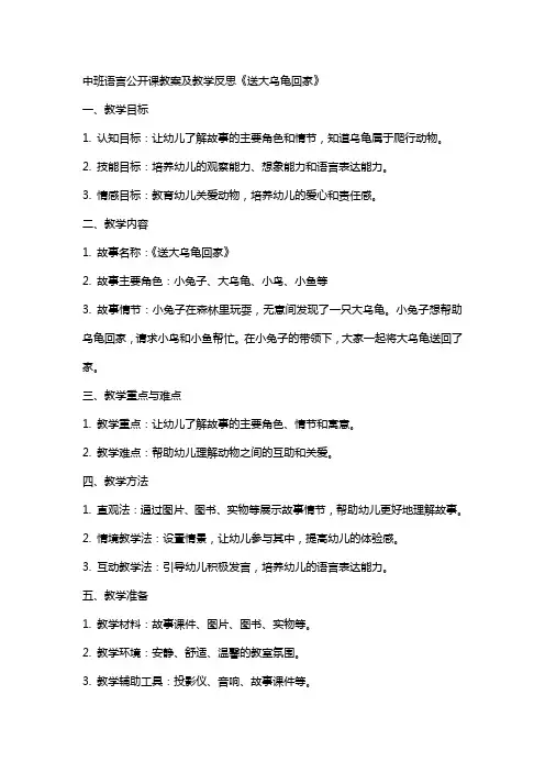 中班语言公开课教案及教学反思《送大乌龟回家》