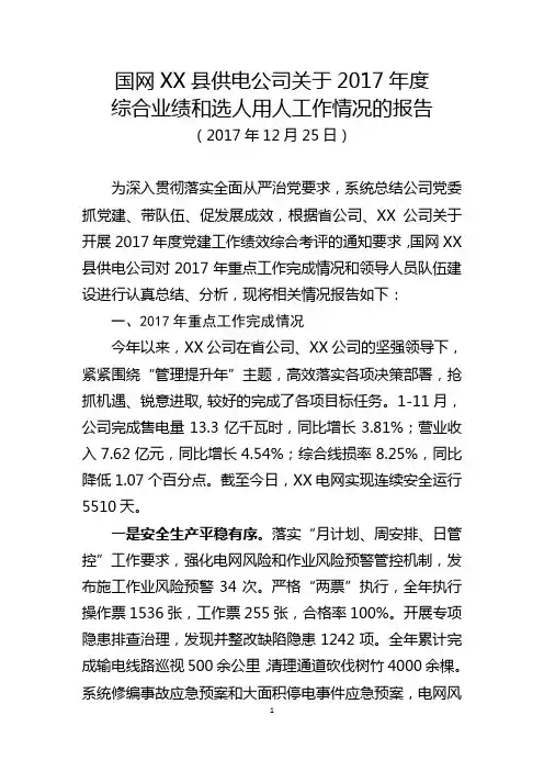 国网XX县供电公司关于2017年度综合业绩和选人用人工作情况的报告