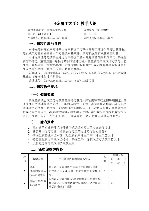 金属工艺学教学大纲