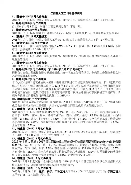 江西省人工工日单价各时间段标准