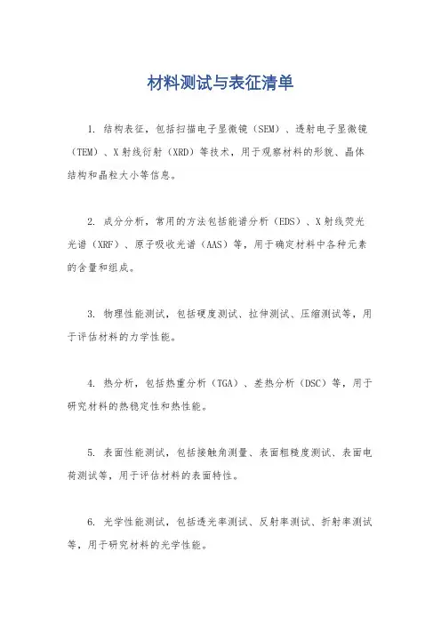材料测试与表征清单