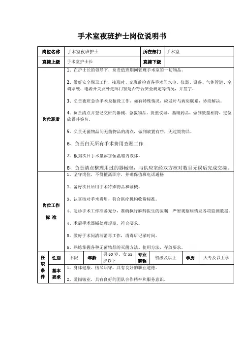 手术室夜班护士岗位说明书