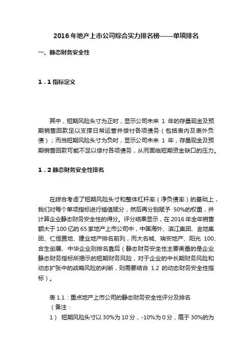 2016年地产上市公司综合实力排名榜——单项排名