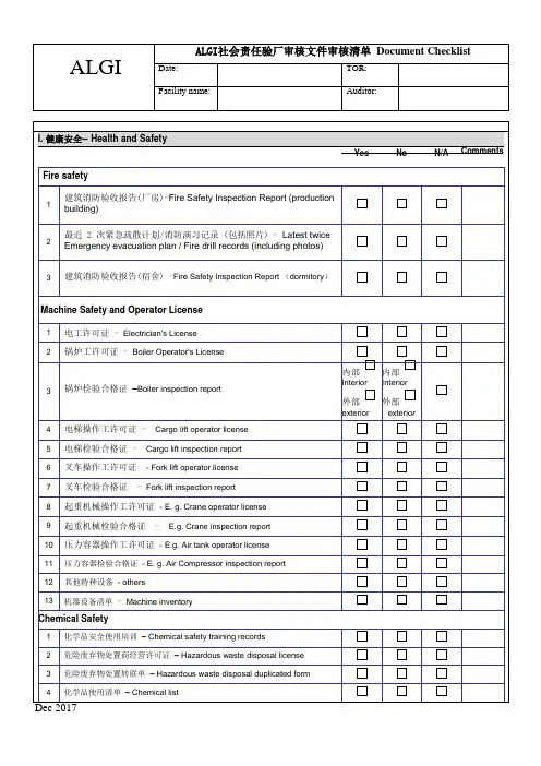 ALGI社会责任验厂审核文件审核清单 Document Checklist