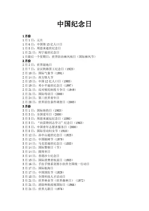 中国纪念日大全