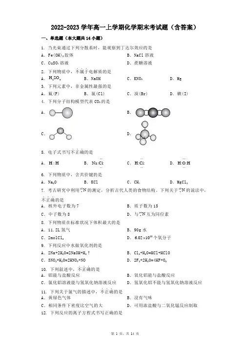 2022-2023学年高一上学期化学期末考试题(含答案)